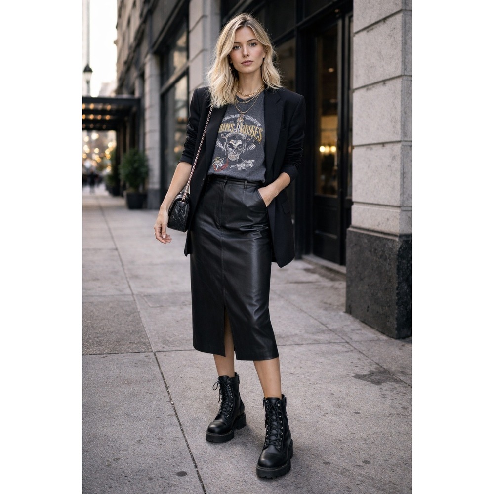 Tahari Faux Leather L Pencil Skirt Black Pull On Vegan Leather Edge Work Capsule